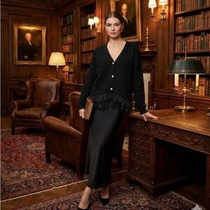 Pink Tartan Black Cable Knit Cardigan with Tulle Hem & Pearl Buttons XL